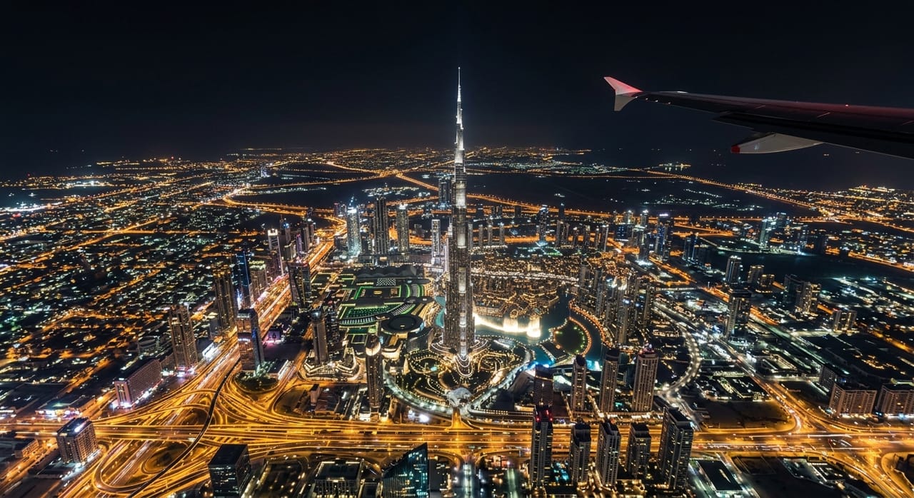 Downtown Dubai at night from the air, the Burj Khalifa rising above a grid of gold-lit highways, with an aircraft wing across the top right